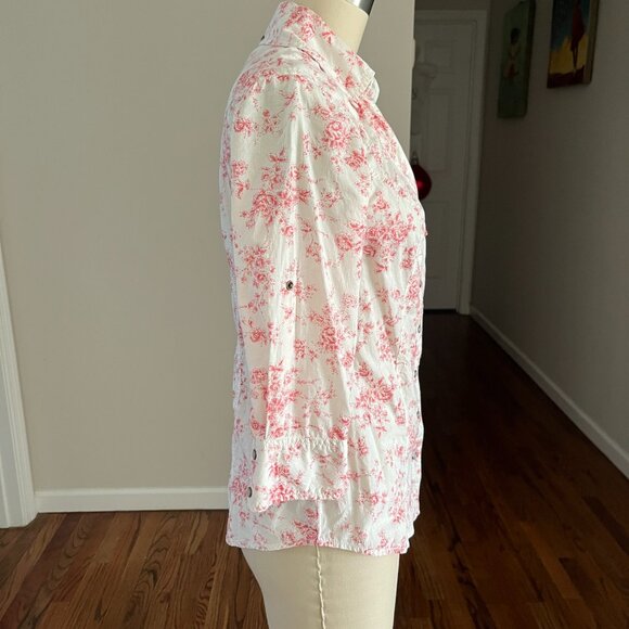 GUESS Los Angeles Women's Ivory/Pink Floral Snap closure Roll up Sleeves Top S - Picture 3 of 11
